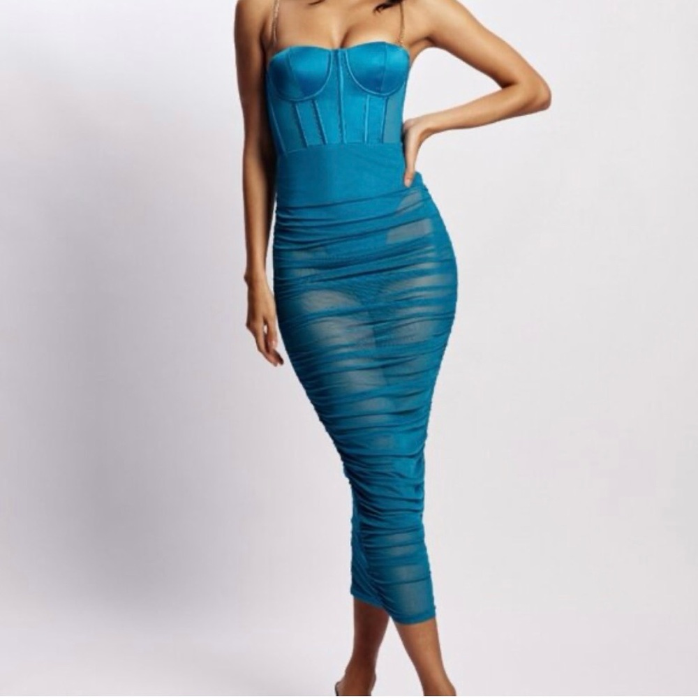 Meshki Teal Strapless Midi Dress